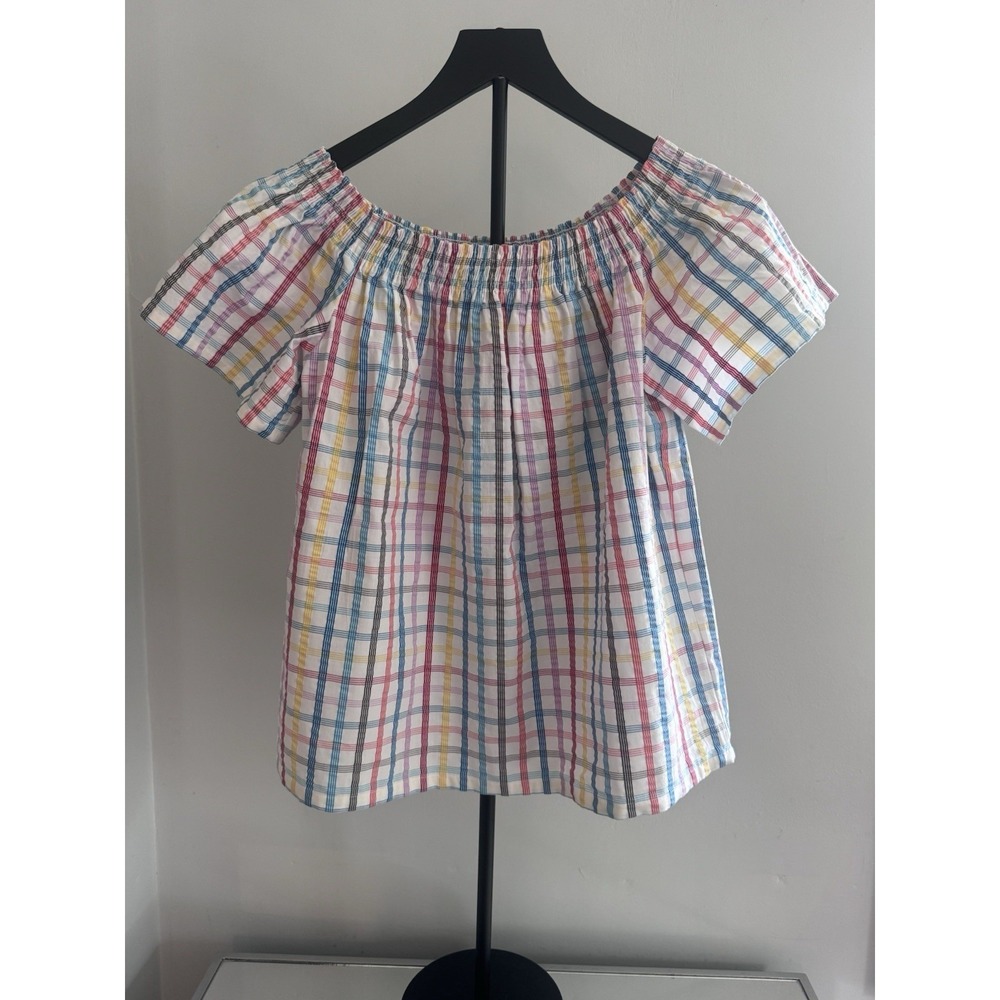Trina Turk Multicolor Off Shoulder Top Womens M Plaid Cotton Boho Summer